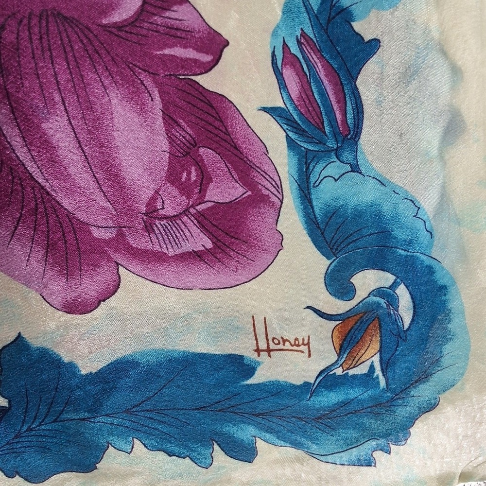 Honey Vintage Square Silk Floral Scarf Purple Teal Orange 30x30